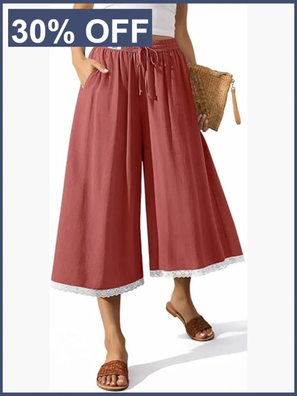 Linen Capri Pants Wide Leg Flow Culottes Summer Casual Elastic Waist Drawstring